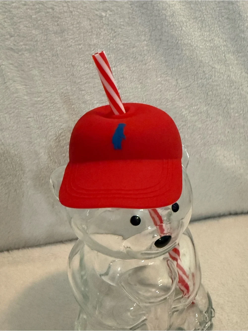 Teddy Bear 🧸 Shaped Glass 20 Oz Tumbler with Red Cap and Striped Straw